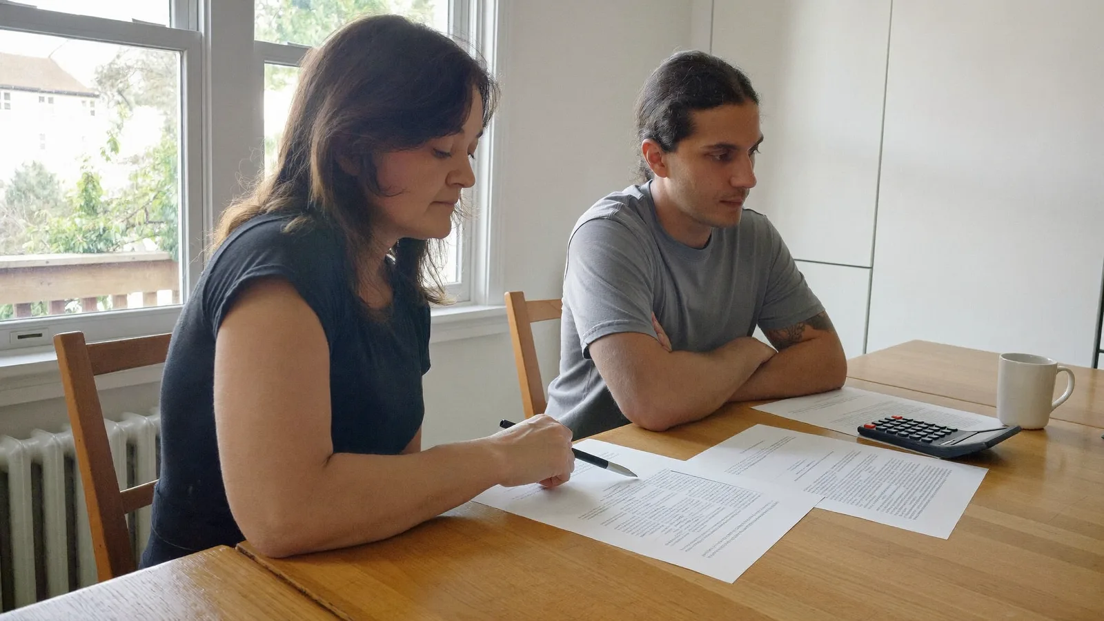 Un couple relit des devis imprimés à la table de cuisine, calculatrice à portée de main