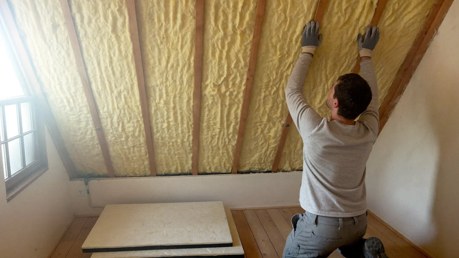 Un artisan pose de l'isolation entre les chevrons d'une toiture, dans les combles d'une maison